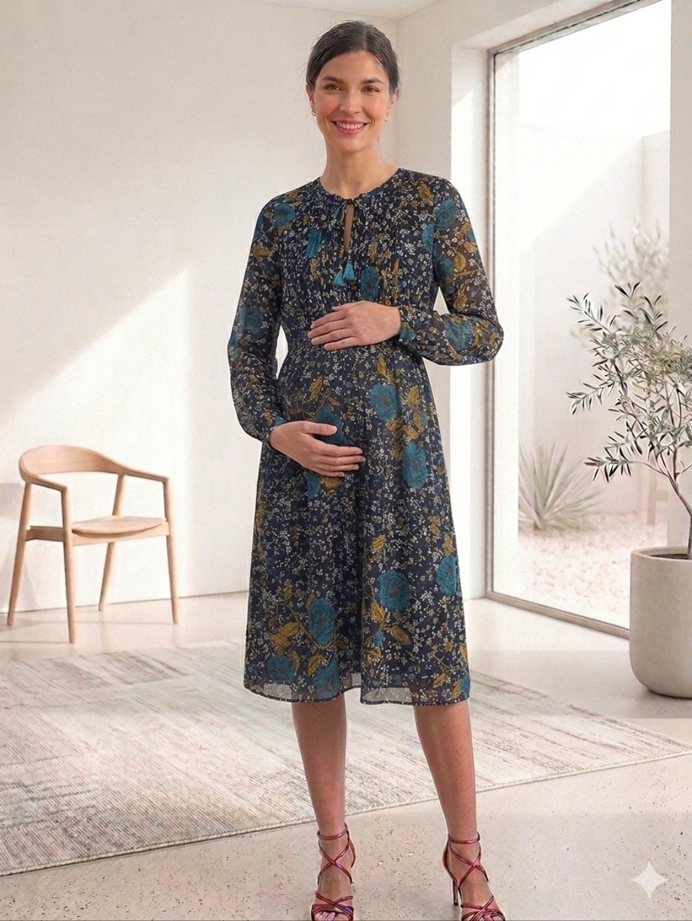 Motherhood Maternity Navy Floral Long-Sleeve Midi Dress Teal/ Yellow Accents